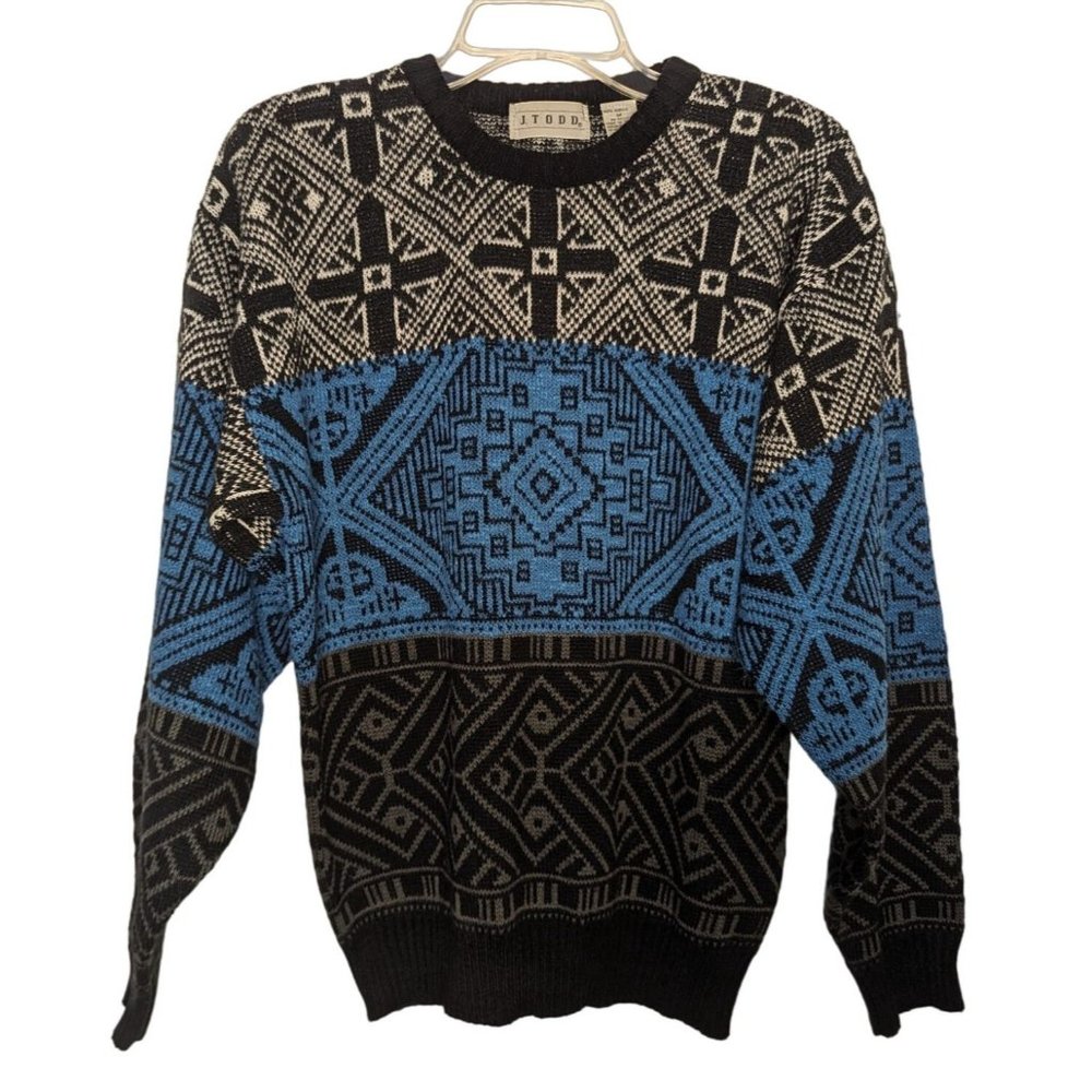 J. TODD blue black Aztec design Acrylic Geometric print Vintage Sweater‎ M - Picture 7 of 8